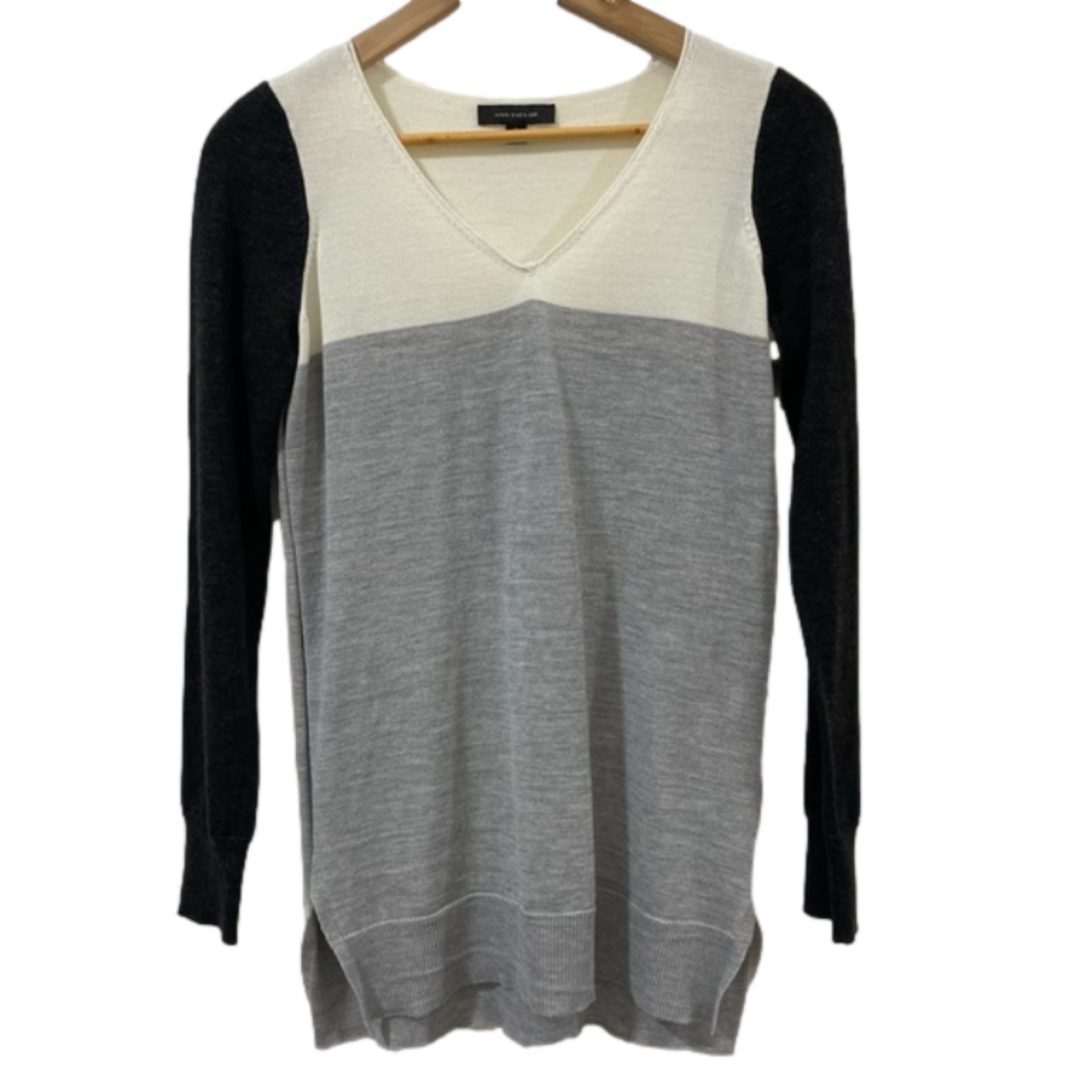 Ann Taylor Wool Blend Color block Gray & Ivory Lightweight Fall Sweater Size S